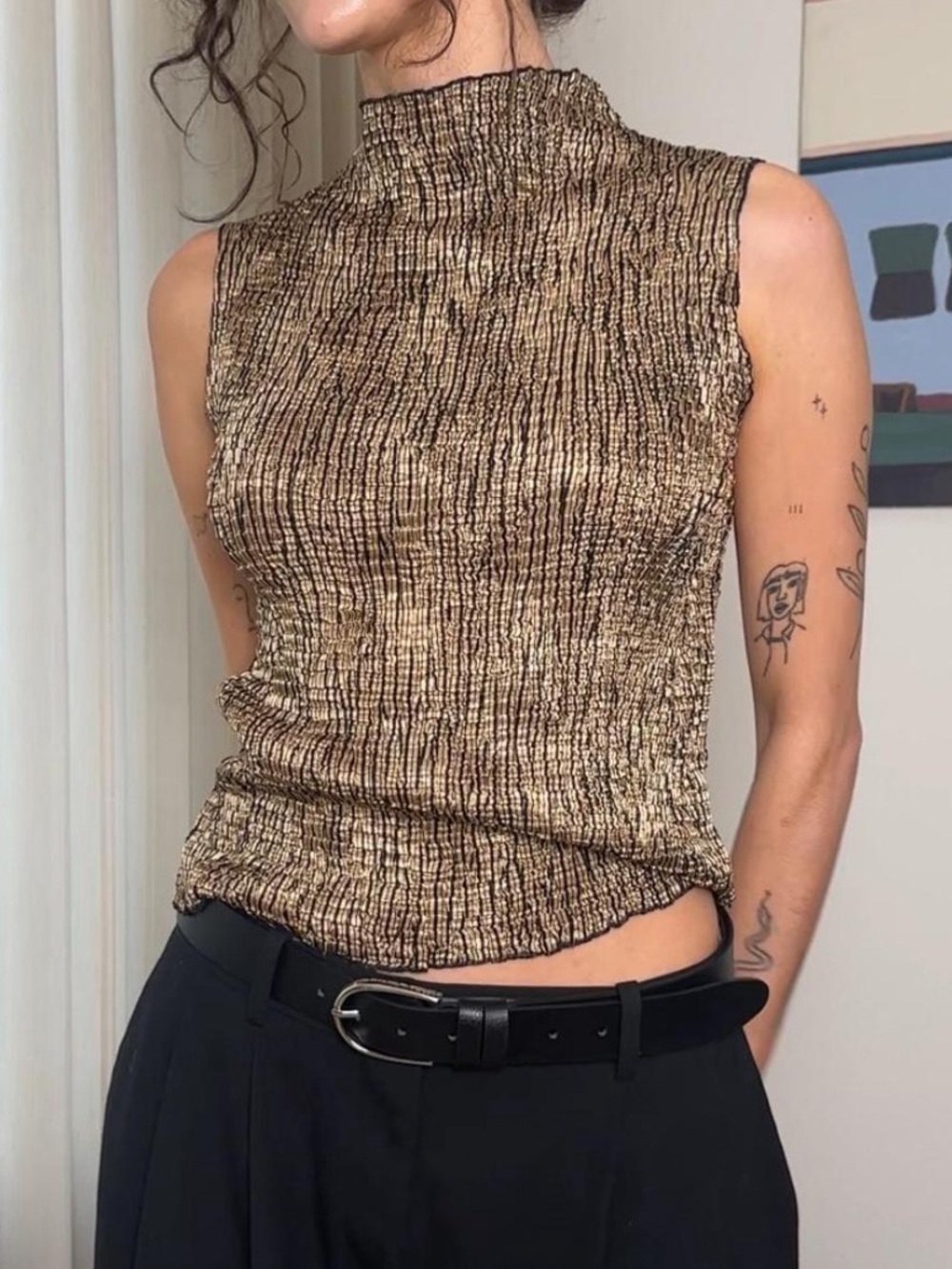 Sleeveless Metallic Rib Knit Mock Neck Top - Gold